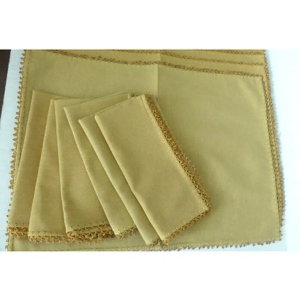 Gold Placemat and Napkin Set 12pc Beaded Crochet Trim Table Linens Service for 6